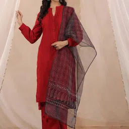 Sangria Mandarin Collar Pure Cotton Kurta With Trousers & Dupatta-picture-51