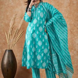 Sangria Ethnic Motifs Printed Pure Cotton Kurta With Trousers & Dupatta-43