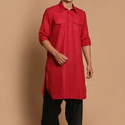 VASTRAMAY Shirt Collar Roll-Up Sleeves Pathani Kurta With Pyjamas-picture-23