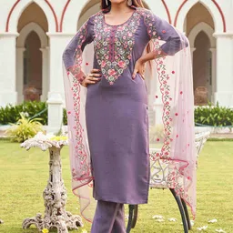 Tikhi Imli Floral Yoke Embroidered Straight Kurta & Trousers With Dupatta-image-57