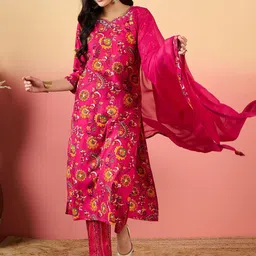 KALINI Women Floral Printed Regular Thread Work Kurta with Trousers & With Dupatta-13