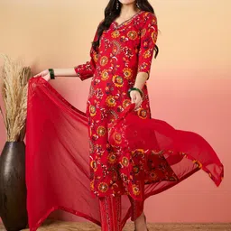 KALINI Women Floral Printed Regular Thread Work Kurta with Trousers & With Dupatta-14