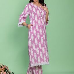 KASYA Notched Neck Flared Sleeves Paisley Printed Cotton A Line Kurta with Palazzo-27