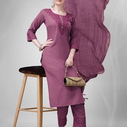 ARADHNA Floral Yoke Design Regular Sequinned Straight Kurta With Trousers & Dupatta image 5