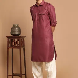 VASTRAMAY Shirt Collar Roll-Up Sleeves Pathani Kurta With Patiala-image-23