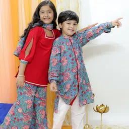 VASTRAMAY Girls Printed Regular Kantha Work Pure Cotton Kurti with Palazzos & With Dupatta-picture-28
