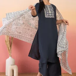 Anouk Ethnic Motifs Yoke Design Round Neck Sequinned Kurta with Palazzos & Dupatta-4