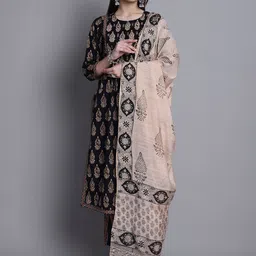 KALINI Floral Printed Regular Sequinned Pure Cotton Straight Kurta Set-29