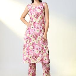 SHOWOFF Floral Printed Round Neck Straight Kurta With Trousers-image-55