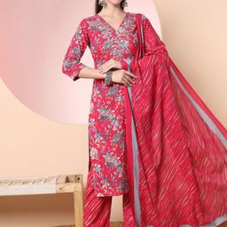 Yufta Pink Floral Printed Regular Thread Work Pure Cotton Kurta With Trouser With Dupatta-image-11