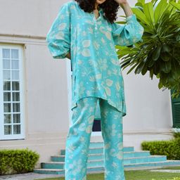 KARAJ JAIPUR Printed Shirt Collar Top With Trouser-image-64