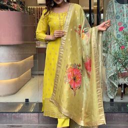 KALINI Floral Woven Design Straight Kurta & Trousers With Dupatta-image-79