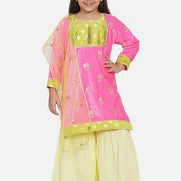 Little Bansi Girls Pink Ethnic Motifs Embroidered Sequinned Velvet Kurta with Sharara & With Dupatta-image-49