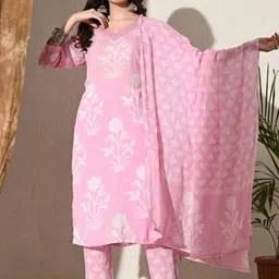 KBZ Floral Printed Regular Sequinned Pure Cotton Straight Kurta with Trousers & Dupatta-picture-4
