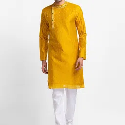 SARVAMOHAN Men Yellow Embroidered Kurta with Churidar-image-5