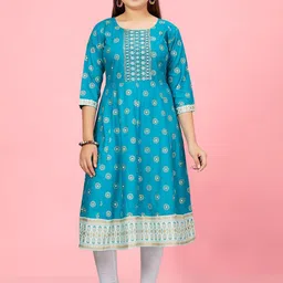 BAESD Girls Ethnic Motifs Printed Sequinned Pure Cotton A-Line Kurta Set-image-25