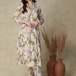 FASHOR Floral Printed Pleated Pure Cotton A-Line Kurta With Trousers-picture-19