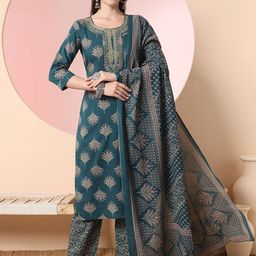 Yufta Green Floral Printed Regular Thread Work Pure Cotton Kurta With Trouser With Dupatta-51