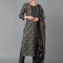 AHIKA Women Black Ethnic Printed Beads and Stones Kurta with Trousers & Dupatta-picture-1