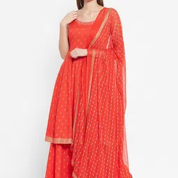 Ramas Women Orange Embroidered Pleated Kurta with Skirt & Dupatta-image-40
