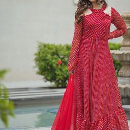 Thread & Button Women Red Bandhani Printed Silk Chiffon Kurta with Trousers & With Dupatta-picture-17