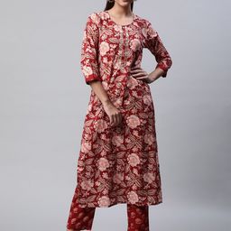 Sringam Floral Printed Sequinned Pure Cotton Kurta with Trousers-picture-17