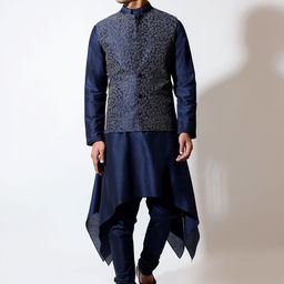 VIVEK KARUNAKARAN Mandarin Collar A-Line Kurta With Churidar And Nehru Jacket-image-67