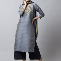 Tulsattva Women Grey Embroidered Mirror Work Kurta with Palazzos & Dupatta-picture-17