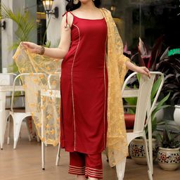 Indi INSIDE Women Maroon Gotta Patti Kurta with Trousers & With Dupatta-image-16