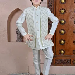 ahhaaaa Boys Sequinned Ethnic Motifs Printed Kurta with Trousers & Waistcoat-image-4
