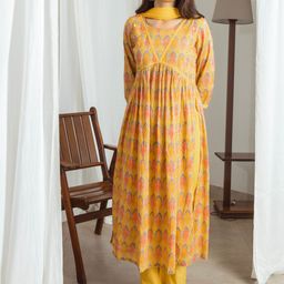 Sangria Yellow & Pink Ethnic Motifs Printed Pure Cotton Kurta & Trousers With Dupatta-image-42