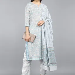 AHIKA Women Blue & White Floral Printed Pure Cotton Kurta With Trousers & Dupatta-image-84