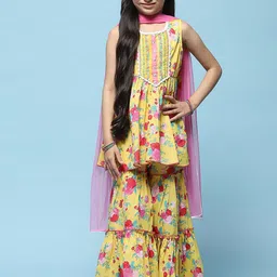 Biba Girls Floral Printed Pure Cotton Straight Kurta With Sharara & Dupatta-image-23