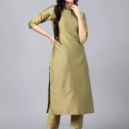 V TRADITION Mandarin Collar Art Silk Straight Kurta with Trousers-image-49
