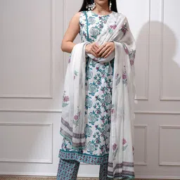 Vishudh Floral Printed Keyhole Neck Sleeveless A-Line Kurta with Trousers & With Dupatta-picture-3