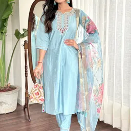 Anouk Ethnic Motifs Embroidered Chanderi Silk Straight Kurta with Trousers & With Dupatta-15