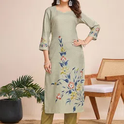 MOJILAA Floral Printed Sweetheart Neck Linen Silk Straight Kurta With Trousers-picture-21