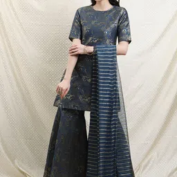 Vishudh Women Poly Brocade Teal Floral Kurta with Sharara & With Dupatta-picture-21