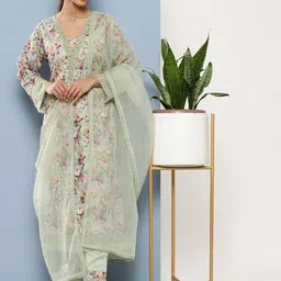 KALINI Floral Printed V-Neck Straight Kurta & Trousers With Dupatta-image-40