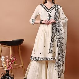 Glomee Ethnic Motifs Embroidered Mirror Work Pure Cotton Kurta with Sharara and Dupatta-image-103