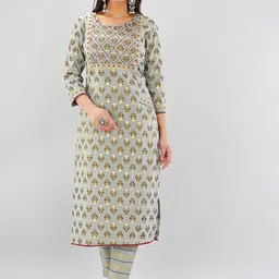 PRAKRTEE Women Grey Ethnic Motifs Printed Pure Cotton Kurta with Trousers-image-5