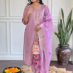 Anouk Women Floral Embroidered Regular Sequinned Chanderi Cotton Kurta with Trousers & With Dupatta-16
