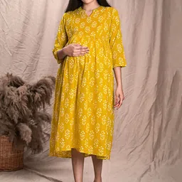WEAVERS SAGA Ethnic Motifs Printed Pure Cotton Fit & Flared Maternity Midi Dress-image-1
