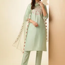 Anouk Floral Embroidered Thread Work Straight Kurta With Trousers & Dupatta-30