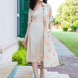 KARAJ JAIPUR Polka Dots Printed A-Line Dress With Shrug-image-18