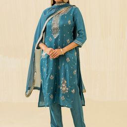 House of Pataudi Embroidered Calf Length Kurta & Trousers With Dupatta-image-52