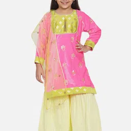Little Bansi Girls Pink Ethnic Motifs Embroidered Sequinned Velvet Kurta with Sharara & With Dupatta-image-48