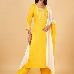 YU by Pantaloons Ethnic Motifs Yoke Design Straight Kurta & Trousers With Dupatta-image-46