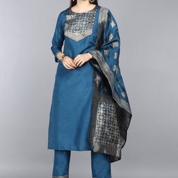 AHIKA Women Teal Ethnic Motifs Yoke Design Kurta with Trousers & With Dupatta-0