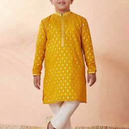 Manyavar Teens Boys Mustard Yellow Floral Printed Chanderi Silk Kurta with Pyjama-image-10